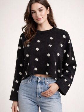 Current/Elliott Black Cropped Polka Dot Sweater - White Dot Pattern